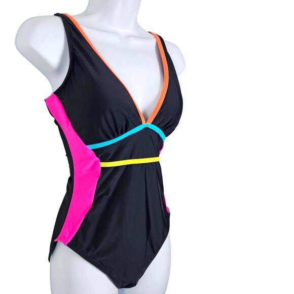 Womens Med Size V-Neck One-Piece Swimsuit Black Tie Back Beach Vacation Sexy - Picture 4 of 8